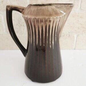 Vintage Brown Drip Glaze Pitcher, Creamer Vase Ribbed Pottery MCM 6.5" Tall